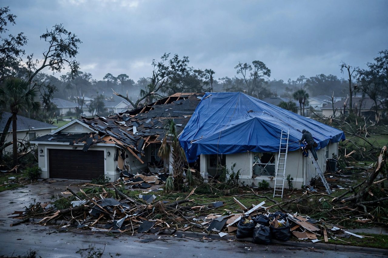 Emergency roof tarping protecting a storm-damaged roof in Orlando, Florida