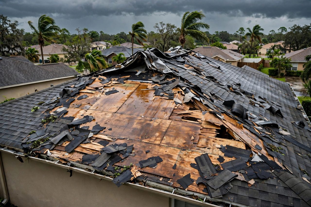 Illustrative before image showing a damaged Orlando roof area, geotagged to Orlando FL