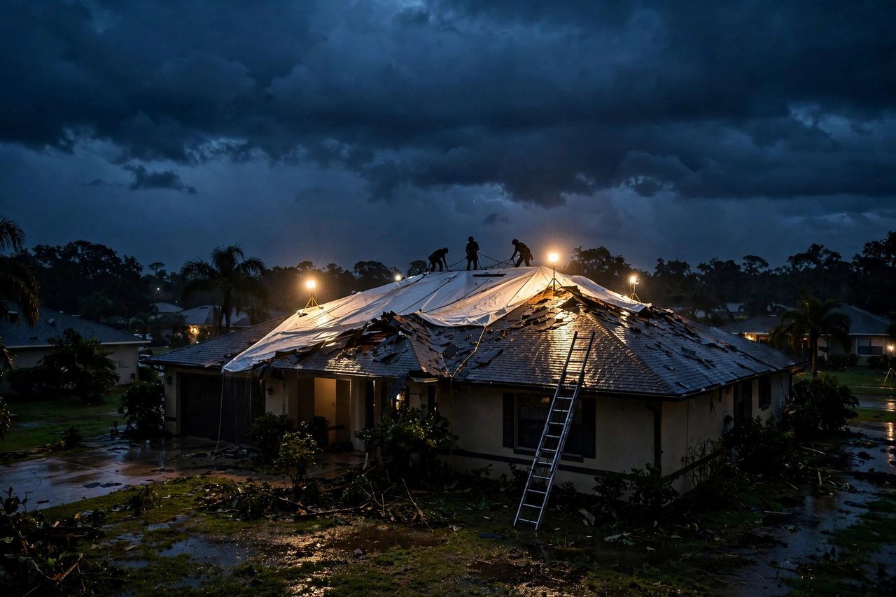 Emergency roof tarping protecting a storm-damaged roof in Orlando, Florida