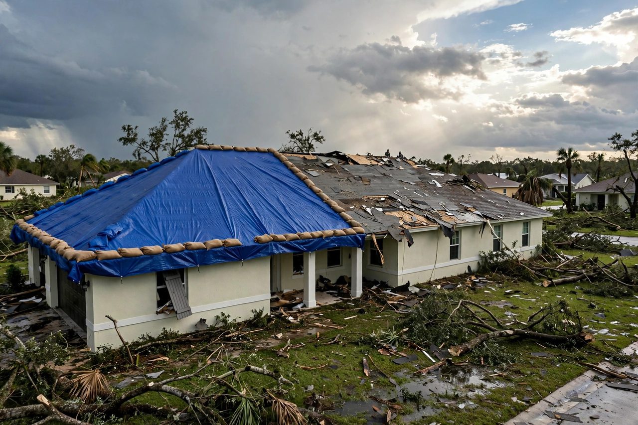 Emergency roof tarping protecting a storm-damaged roof in Orlando, Florida