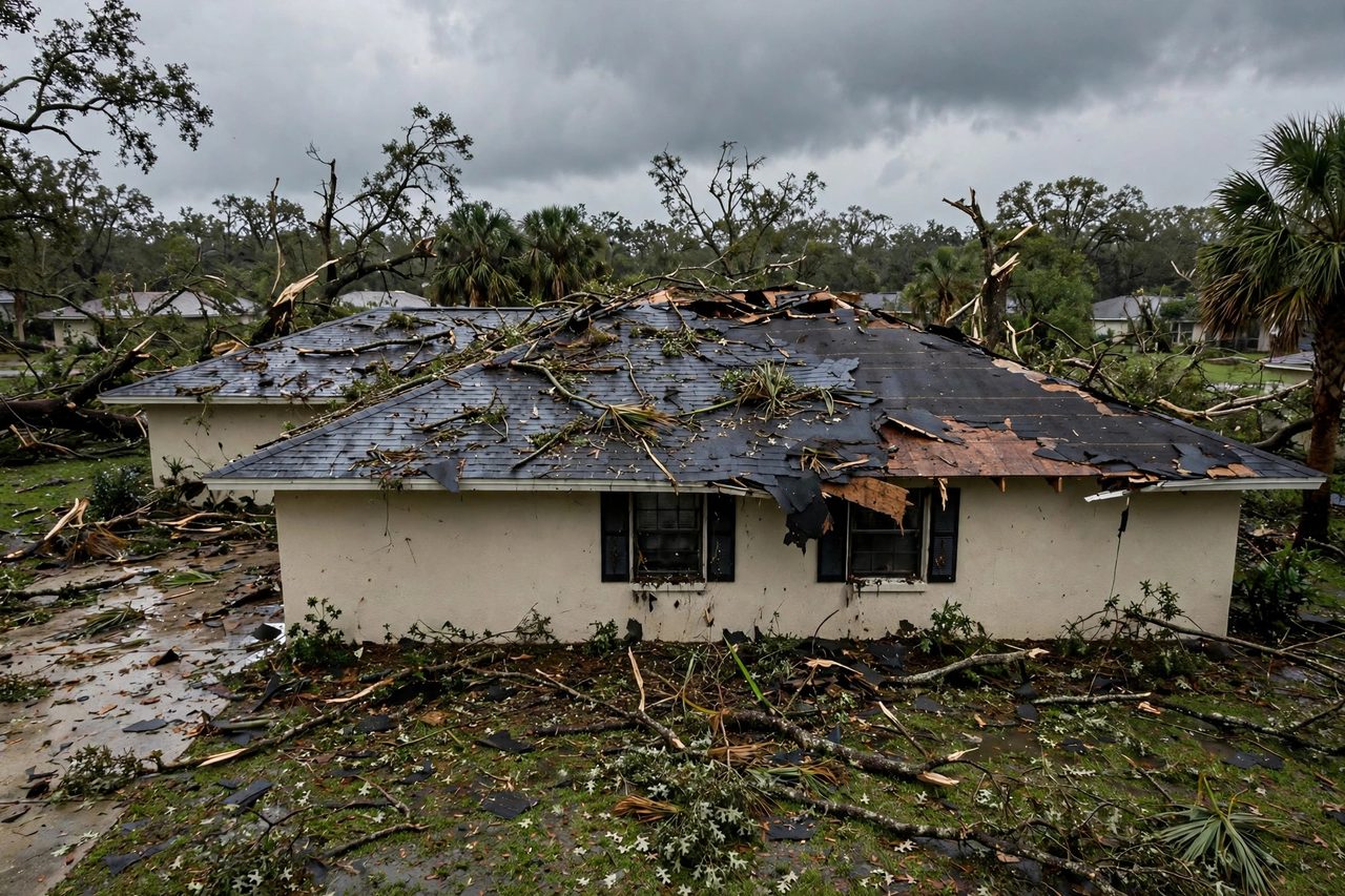 Illustrative before image showing a damaged Orlando roof area, geotagged to Orlando FL