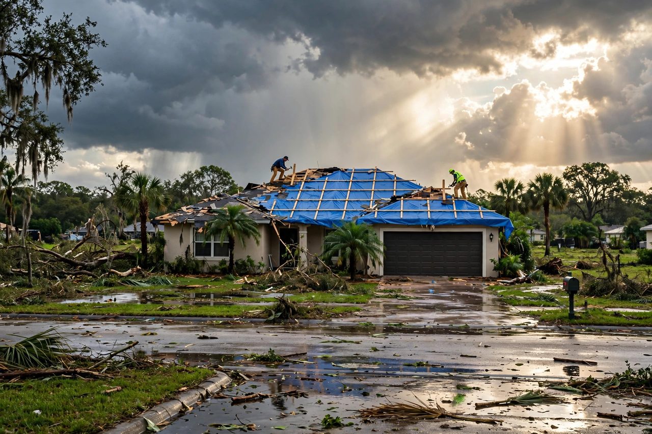 Emergency roof tarping protecting a storm-damaged roof in Orlando, Florida