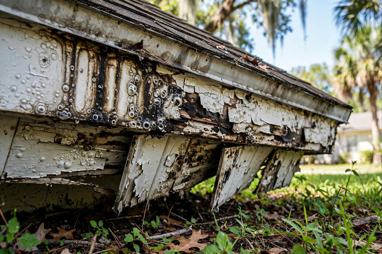 Illustrative before image showing a damaged Orlando roof area, geotagged to Orlando FL