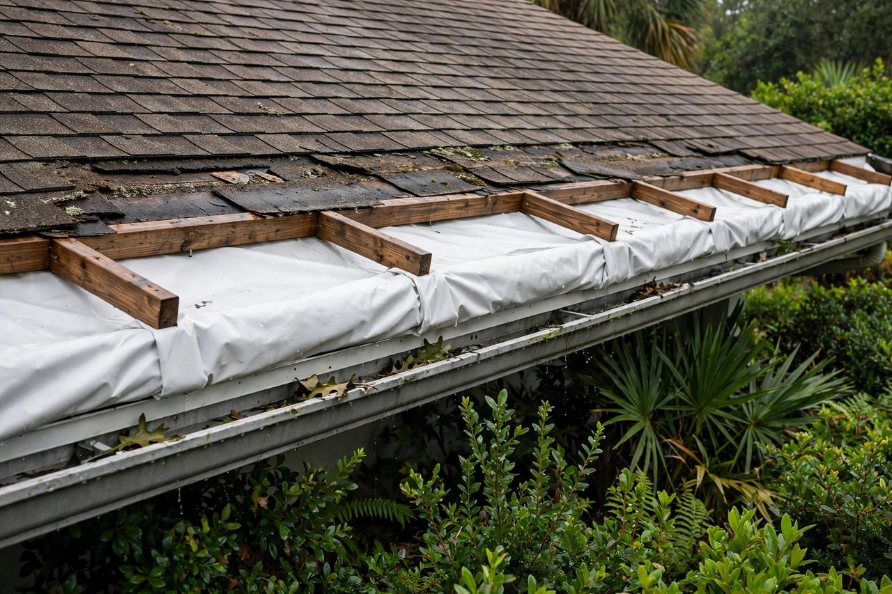Emergency roof tarping protecting a storm-damaged roof in Orlando, Florida