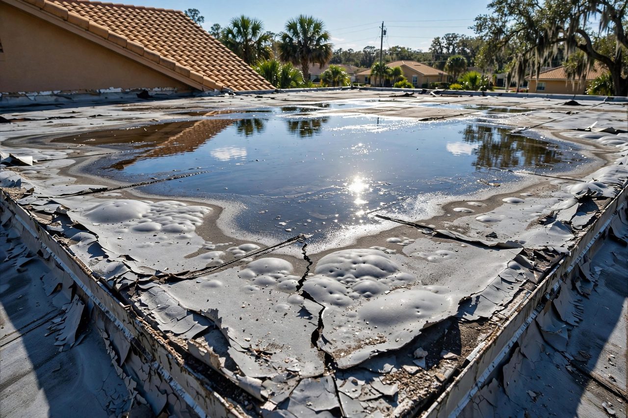 Illustrative before image showing a damaged Orlando roof area, geotagged to Orlando FL