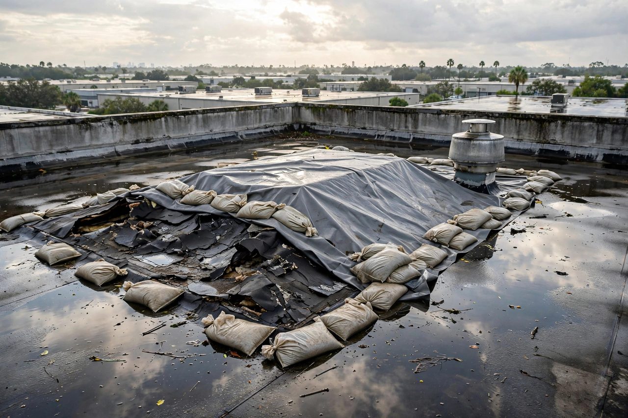 Emergency roof tarping protecting a storm-damaged roof in Orlando, Florida