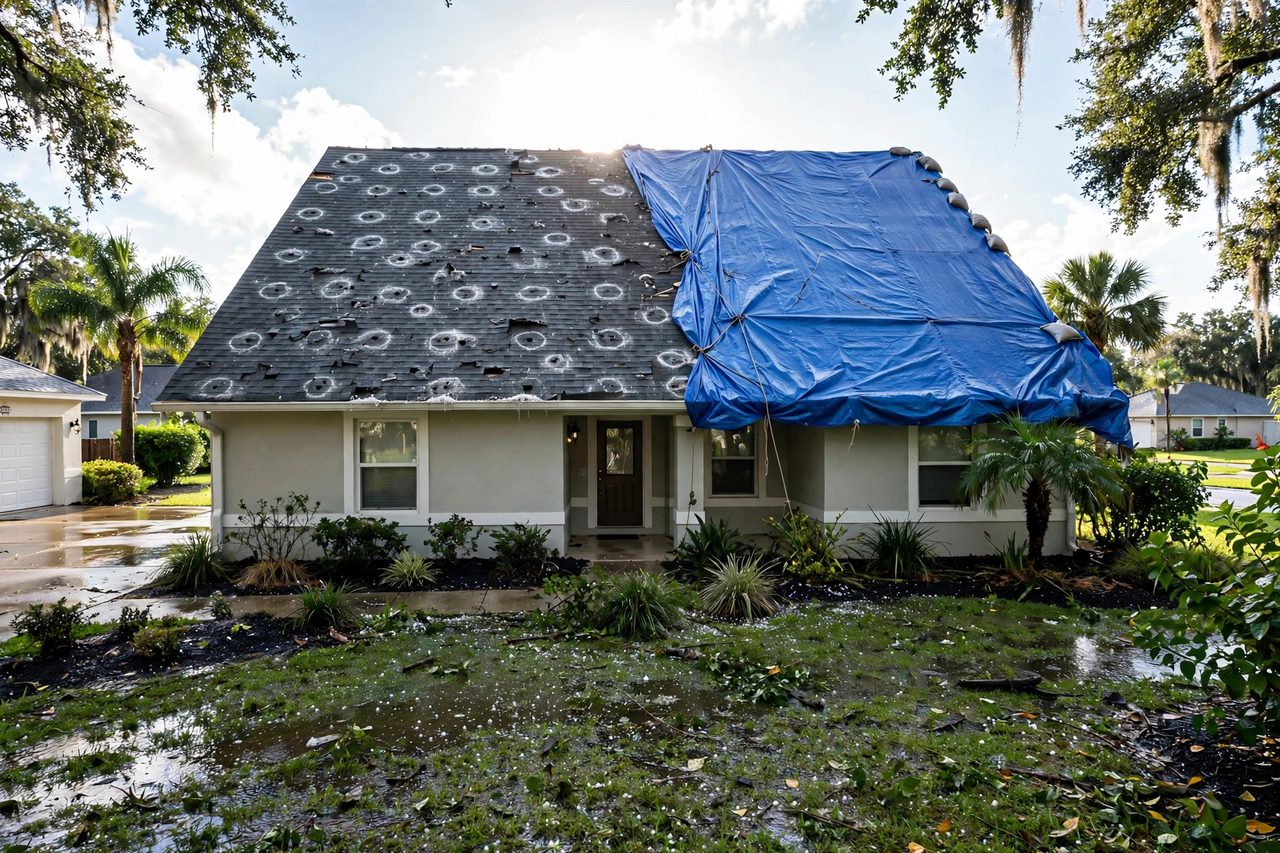 Emergency roof tarping protecting a storm-damaged roof in Orlando, Florida
