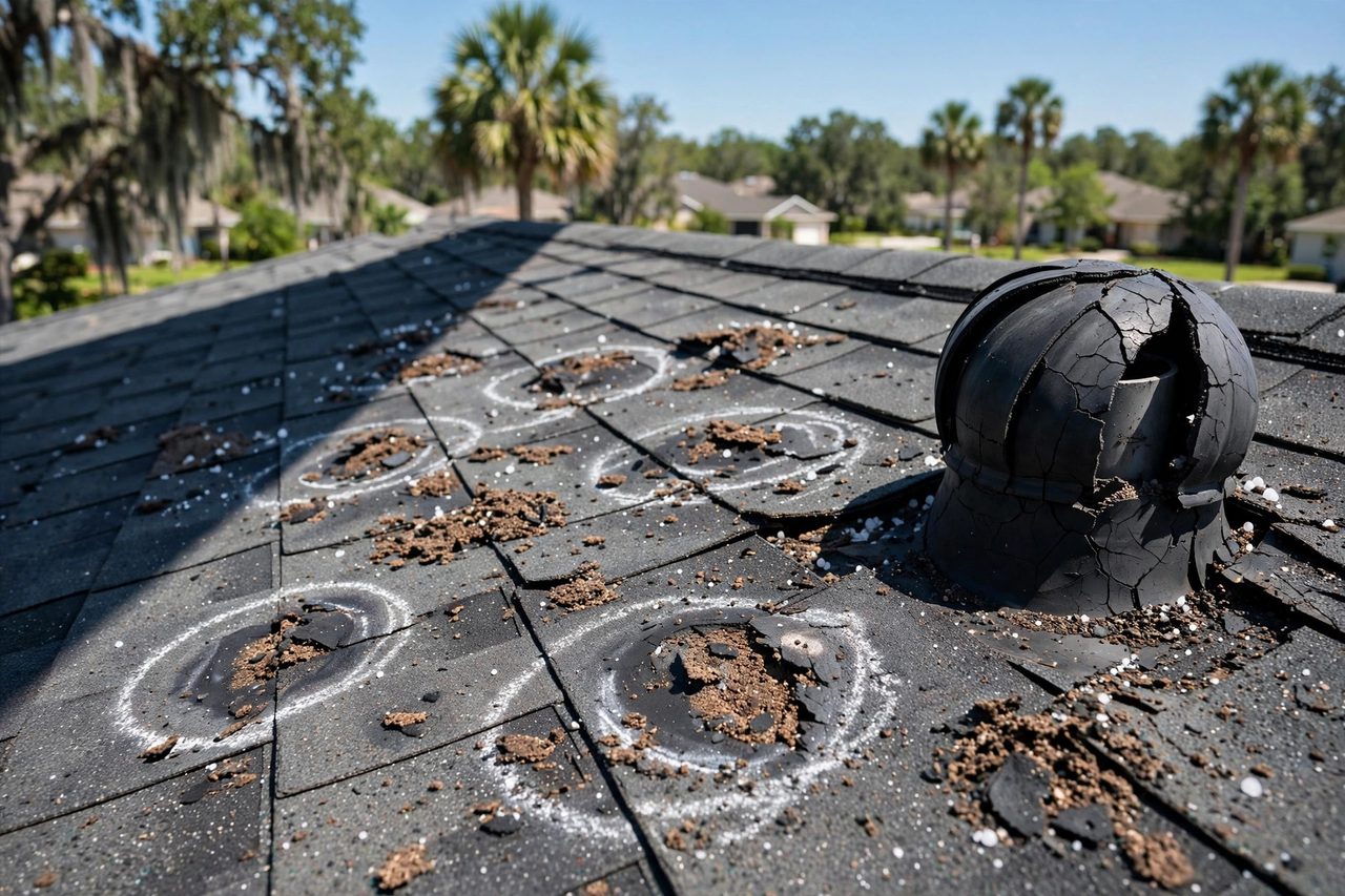 Illustrative before image showing a damaged Orlando roof area, geotagged to Orlando FL