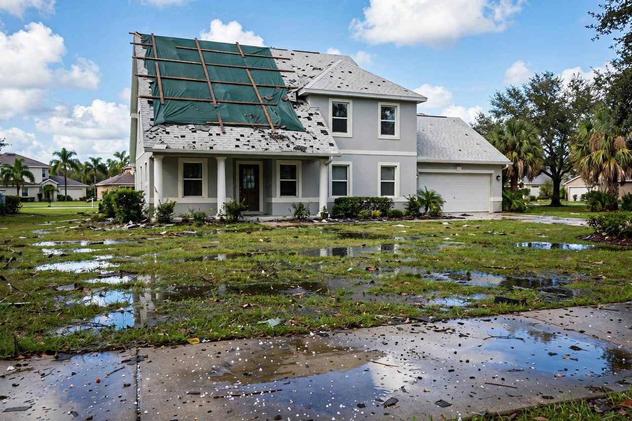 Emergency roof tarping protecting a storm-damaged roof in Orlando, Florida