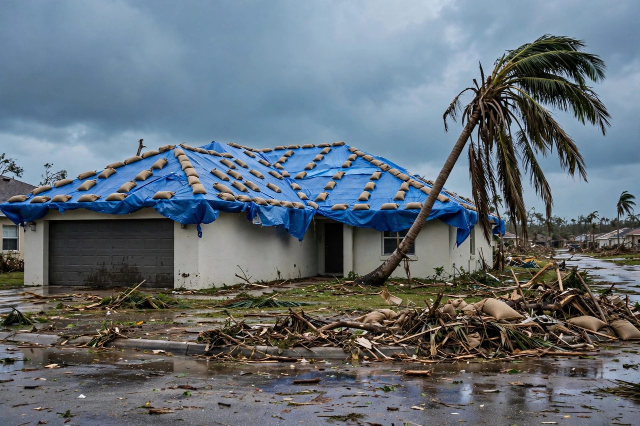 Emergency roof tarping protecting a storm-damaged roof in Orlando, Florida