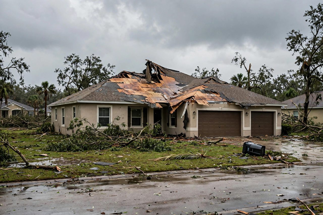 Illustrative before image showing a damaged Orlando roof area, geotagged to Orlando FL