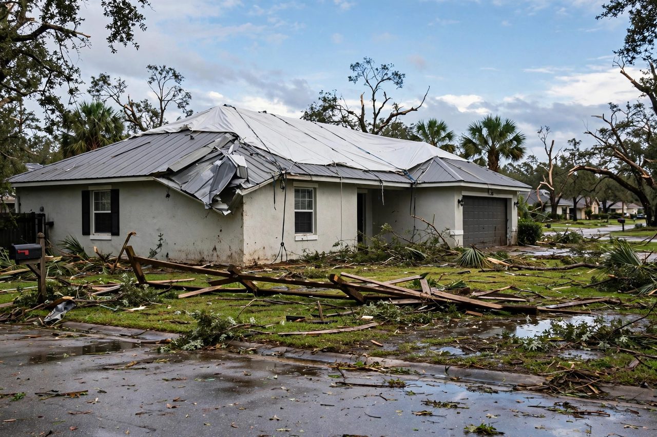 Emergency roof tarping protecting a storm-damaged roof in Orlando, Florida