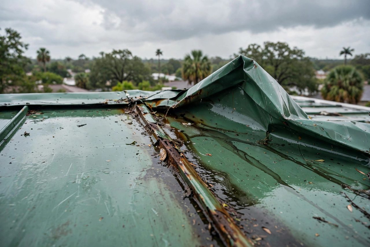 Illustrative before image showing a damaged Orlando roof area, geotagged to Orlando FL