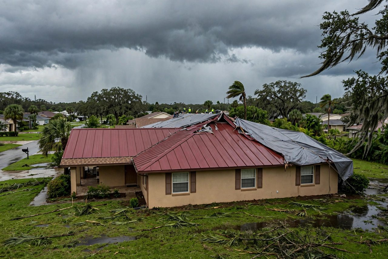 Emergency roof tarping protecting a storm-damaged roof in Orlando, Florida