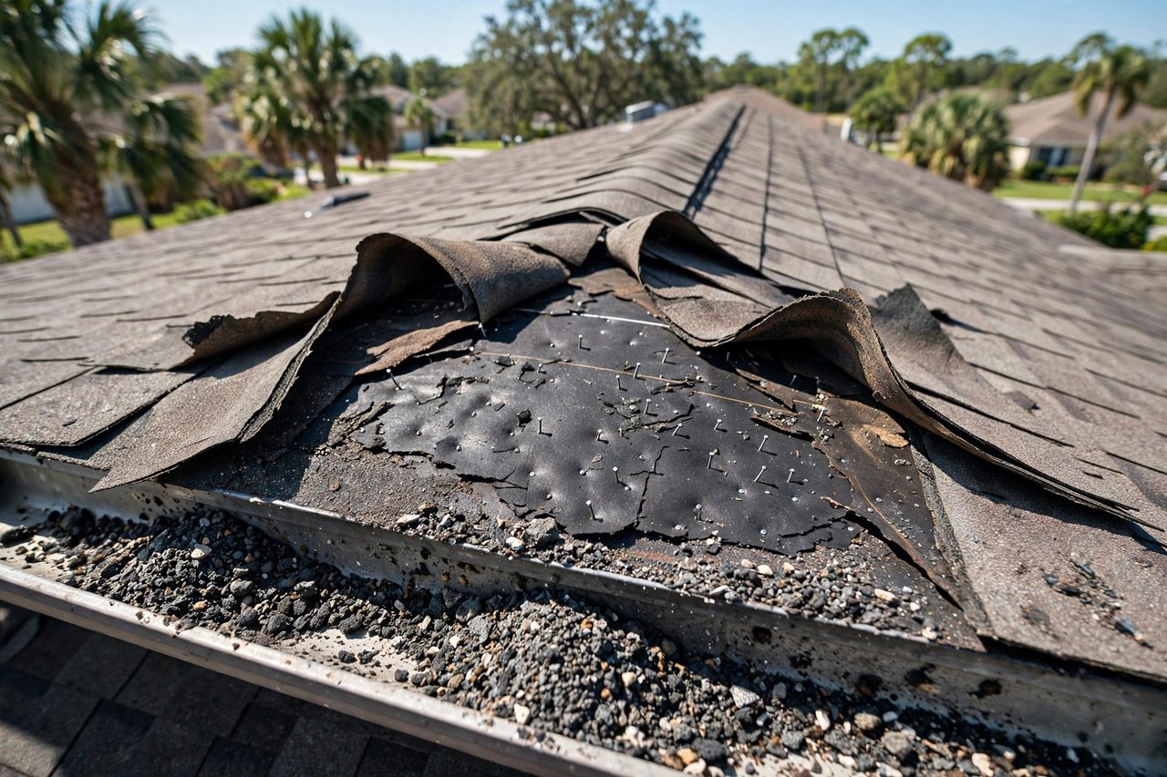 Illustrative before image showing a damaged Orlando roof area, geotagged to Orlando FL