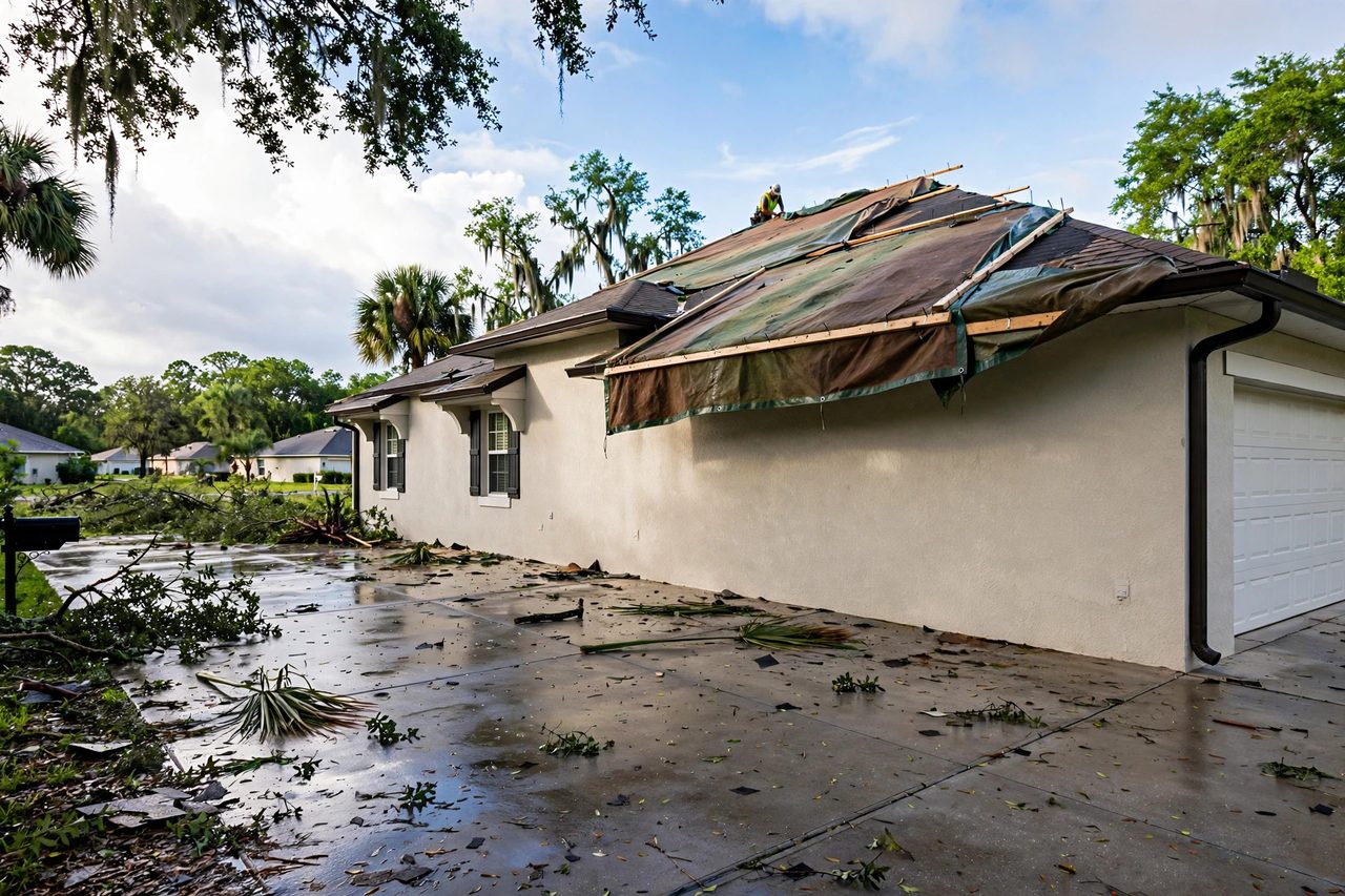 Emergency roof tarping protecting a storm-damaged roof in Orlando, Florida