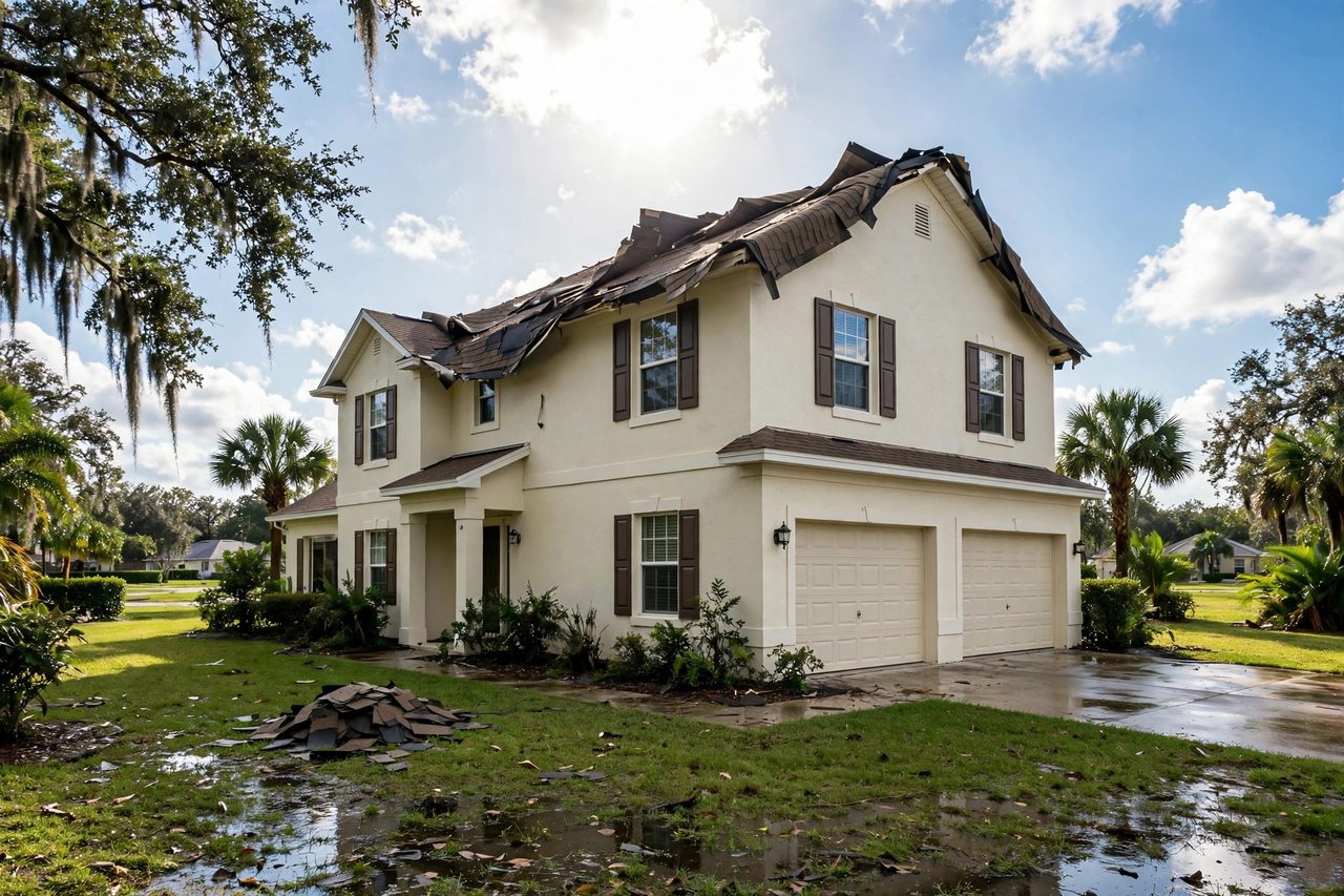 Illustrative before image showing a damaged Orlando roof area, geotagged to Orlando FL