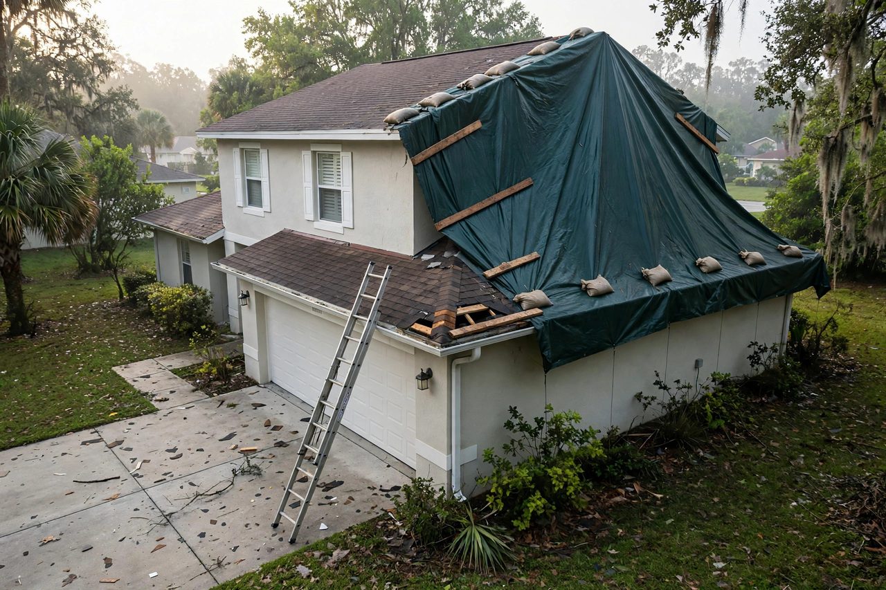 Emergency roof tarping protecting a storm-damaged roof in Orlando, Florida