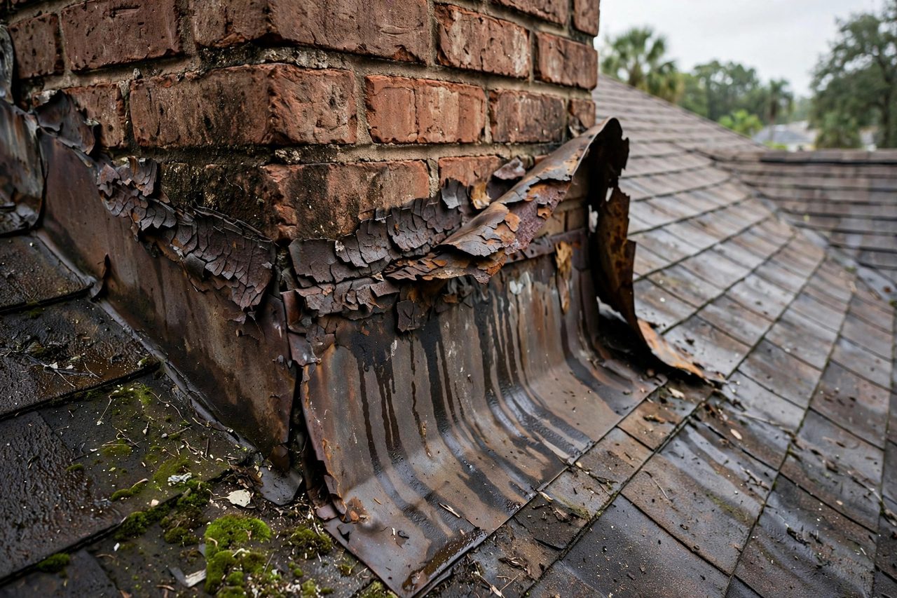 Illustrative before image showing a damaged Orlando roof area, geotagged to Orlando FL