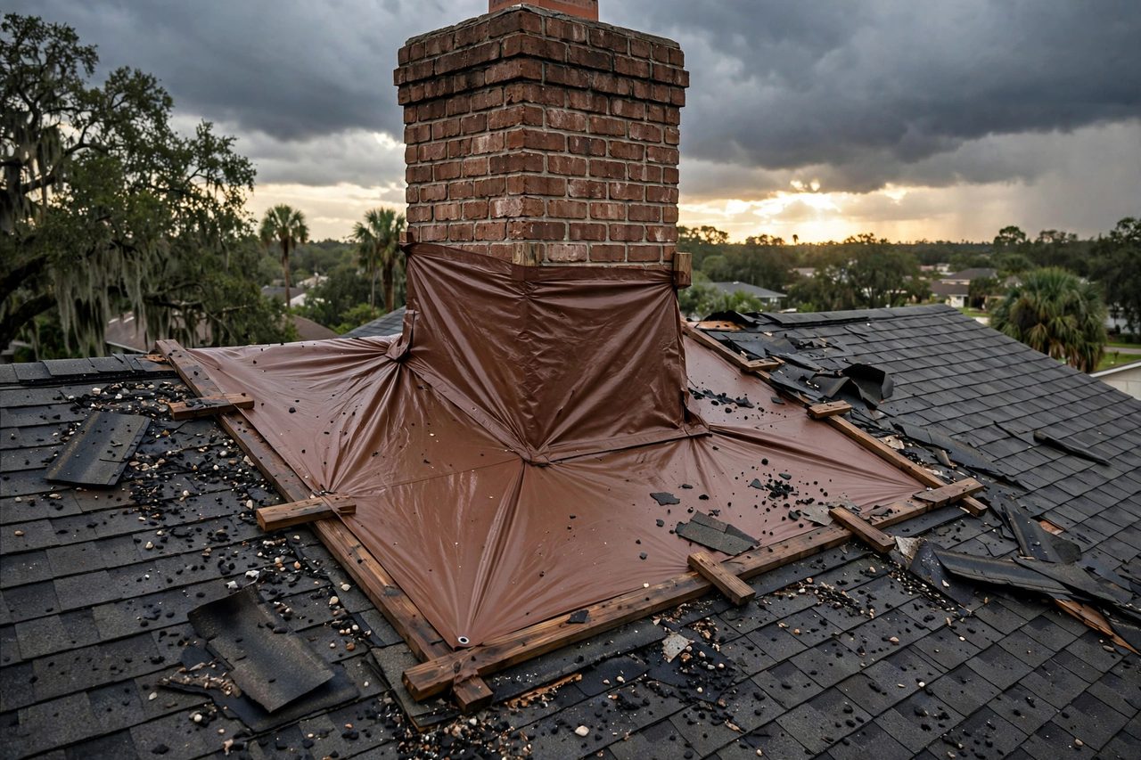 Emergency roof tarping protecting a storm-damaged roof in Orlando, Florida