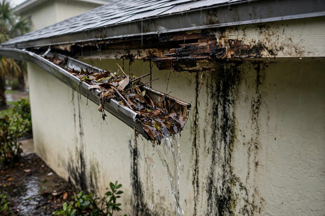 Illustrative before image showing a damaged Orlando roof area, geotagged to Orlando FL