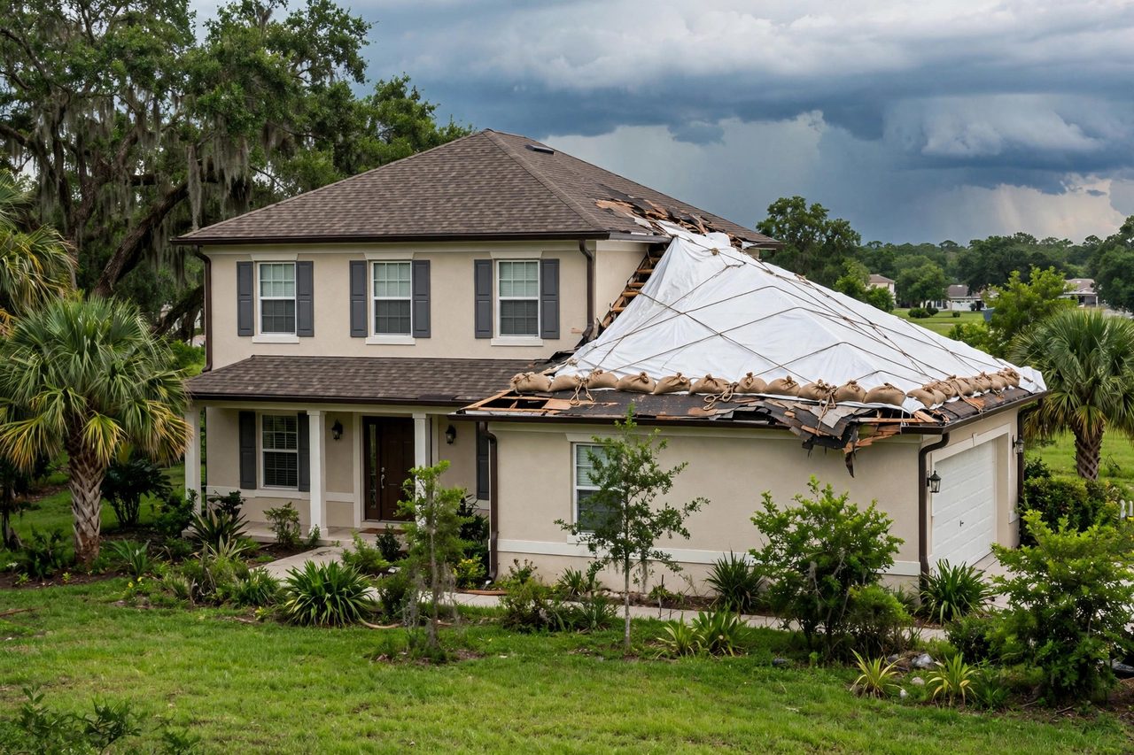 Emergency roof tarping protecting a storm-damaged roof in Orlando, Florida