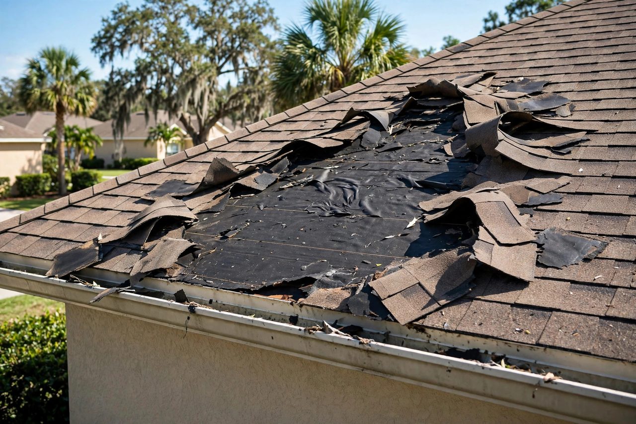 Illustrative before image showing a damaged Orlando roof area, geotagged to Orlando FL