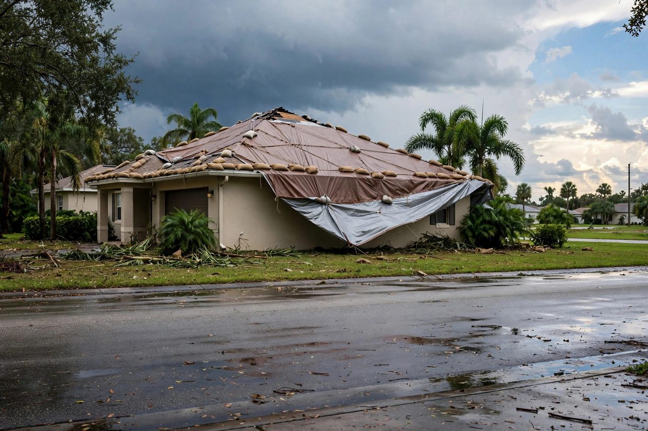 Emergency roof tarping protecting a storm-damaged roof in Orlando, Florida