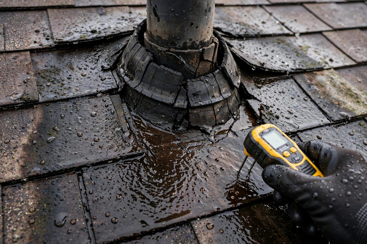 Roof leak and damaged roofing area being assessed in Orlando, Florida