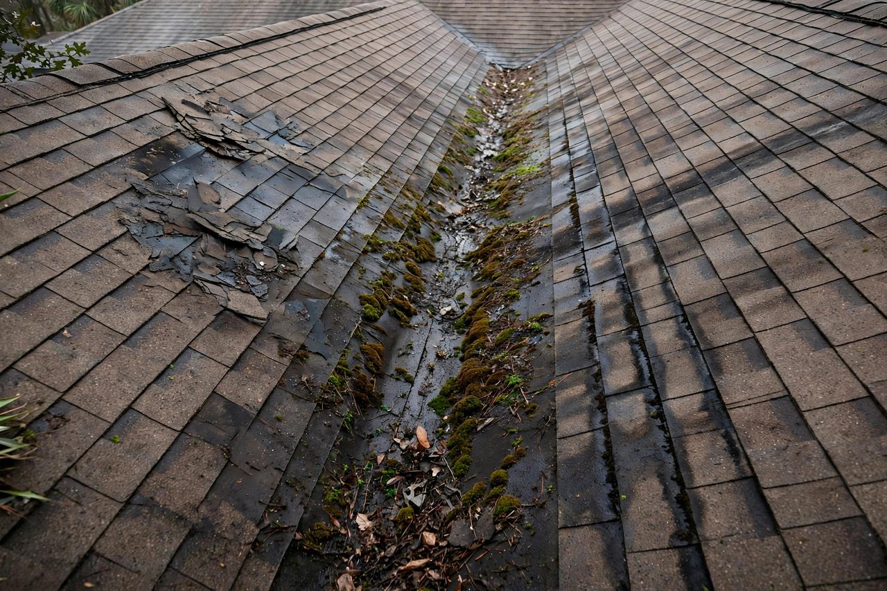 Illustrative before image showing a damaged Orlando roof area, geotagged to Orlando FL