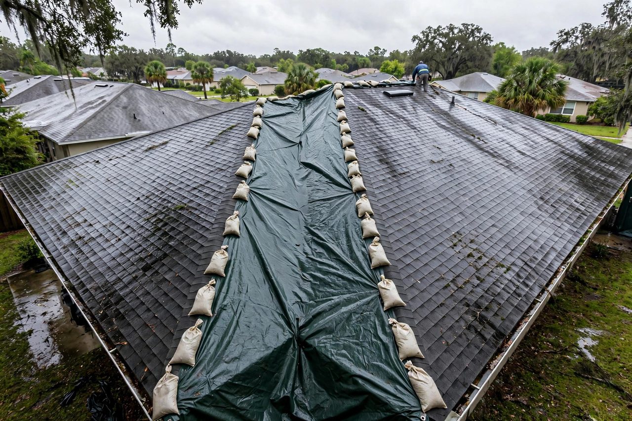 Emergency roof tarping protecting a storm-damaged roof in Orlando, Florida
