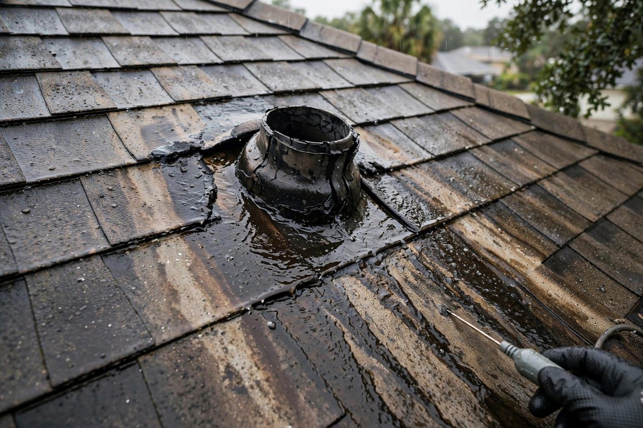 Roof leak and damaged roofing area being assessed in Orlando, Florida