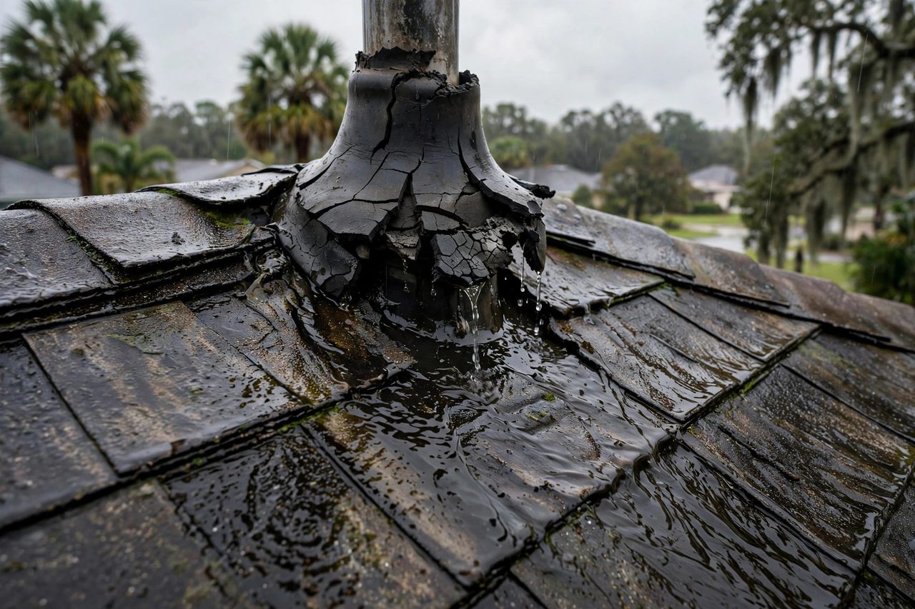 Illustrative before image showing a damaged Orlando roof area, geotagged to Orlando FL