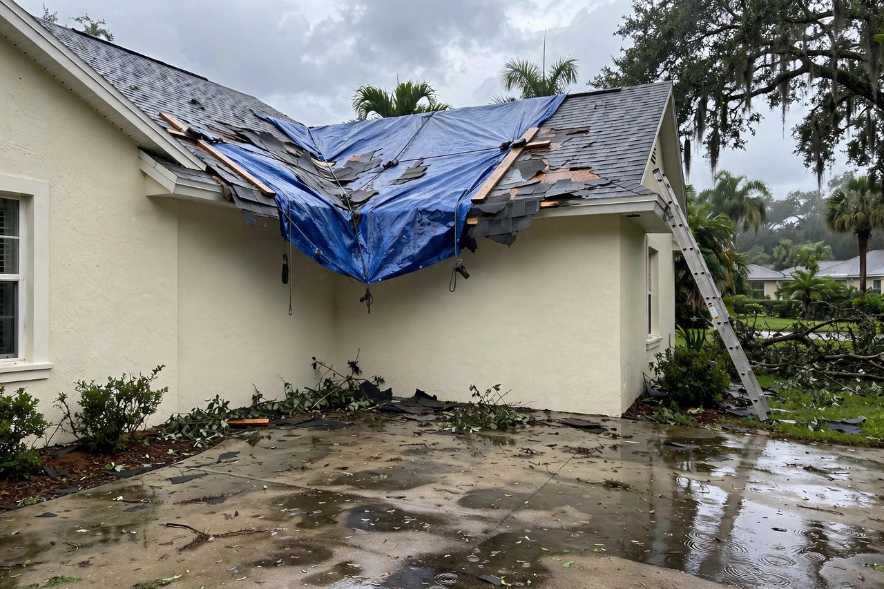 Emergency roof tarping protecting a storm-damaged roof in Orlando, Florida