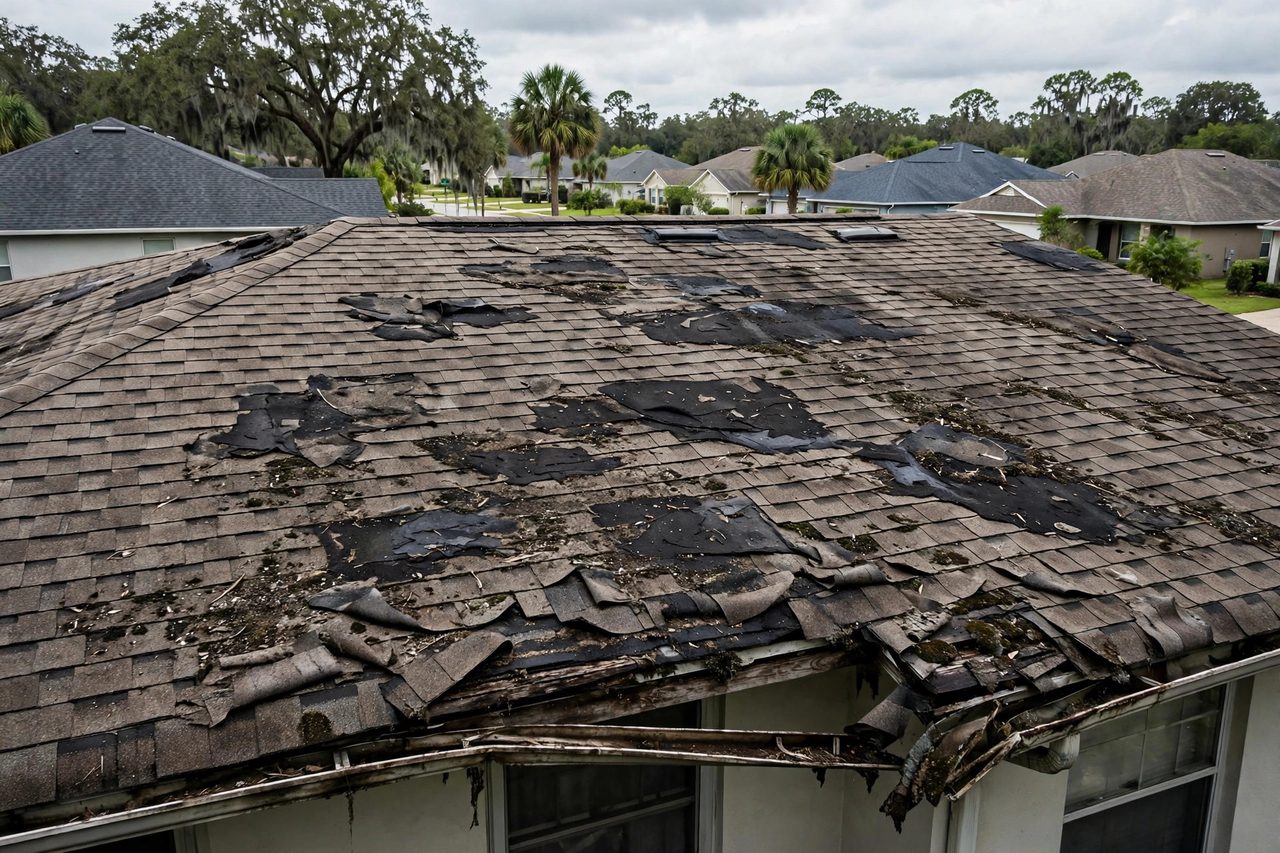 Illustrative before image showing a damaged Orlando roof area, geotagged to Orlando FL