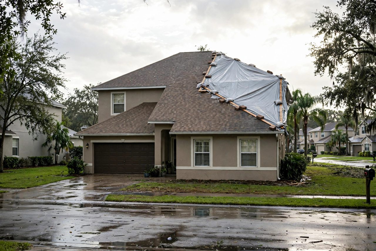Emergency roof tarping protecting a storm-damaged roof in Orlando, Florida