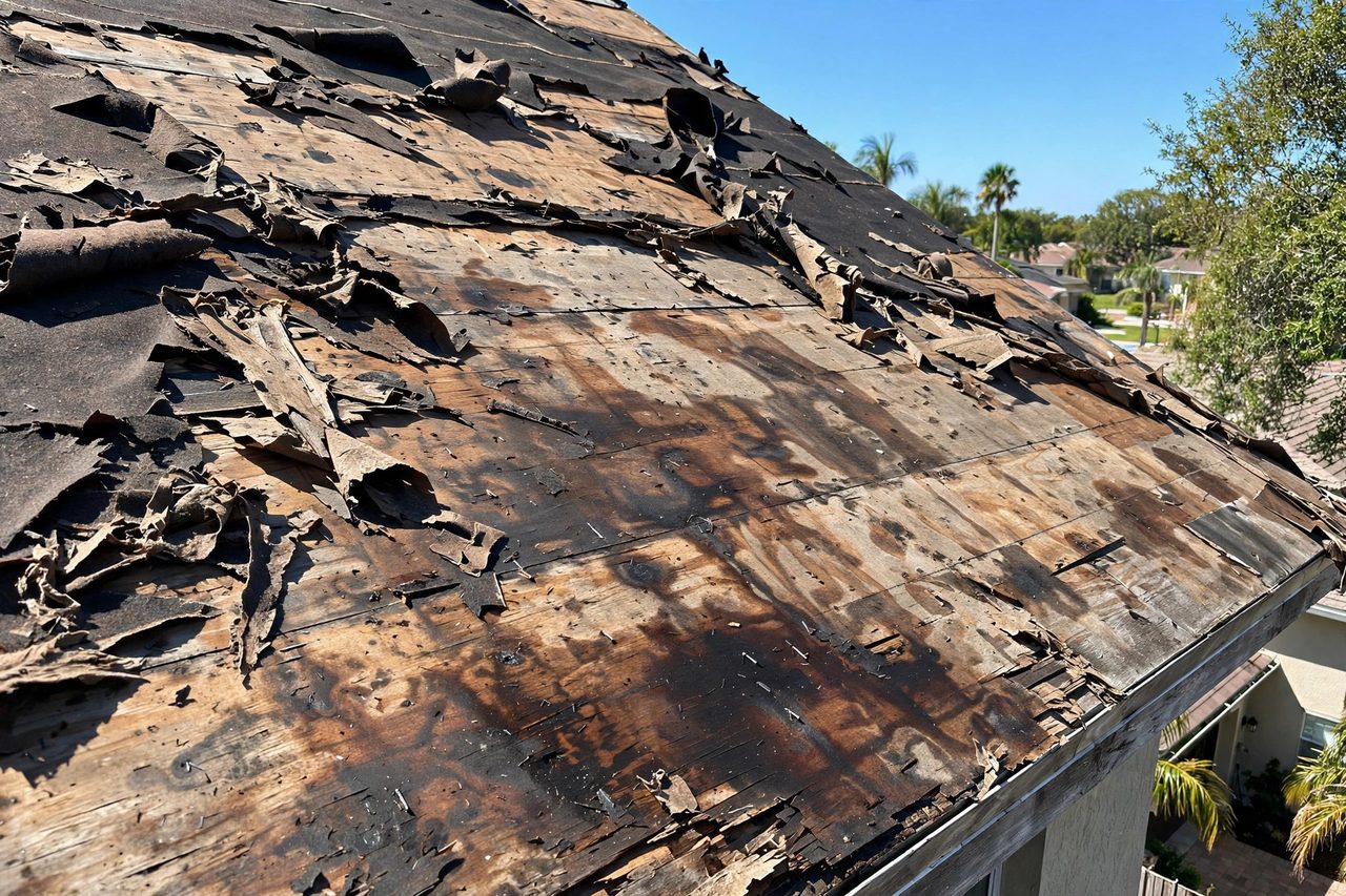 Illustrative before image showing a damaged Orlando roof area, geotagged to Orlando FL