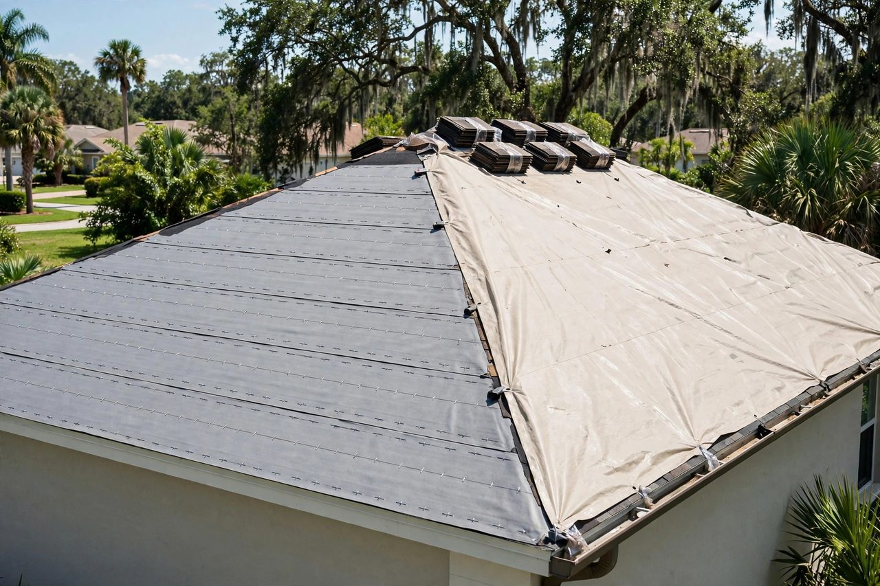 Emergency roof tarping protecting a storm-damaged roof in Orlando, Florida