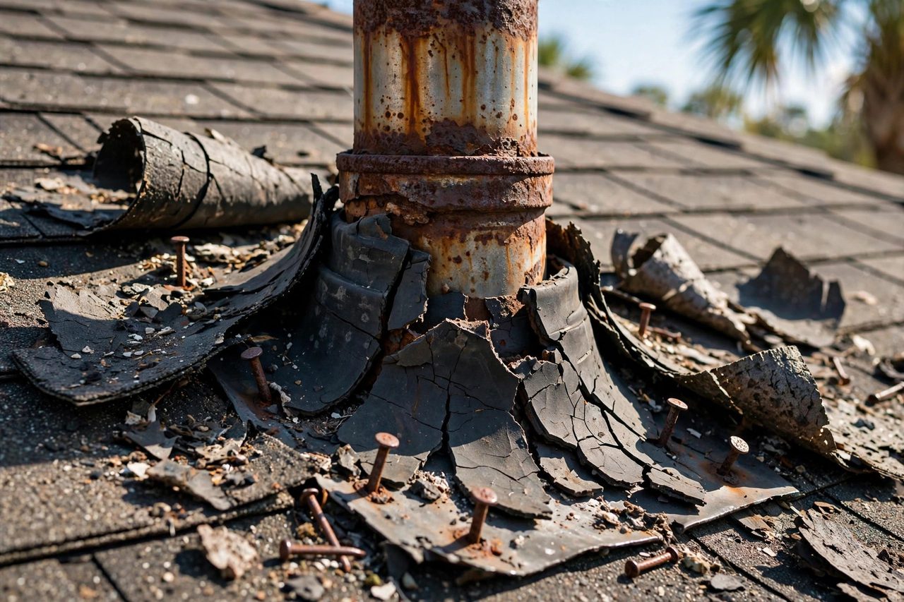 Illustrative before image showing a damaged Orlando roof area, geotagged to Orlando FL