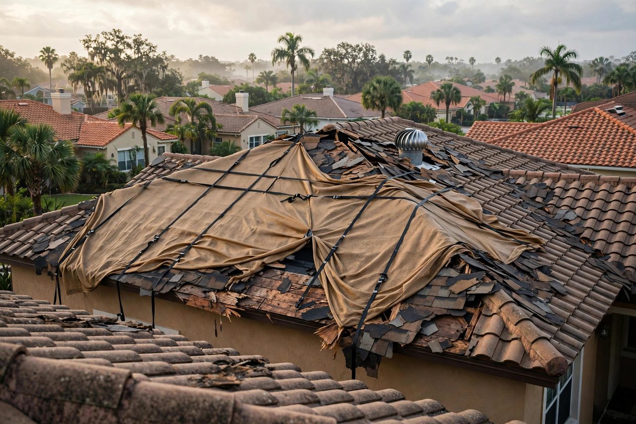 Emergency roof tarping protecting a storm-damaged roof in Orlando, Florida