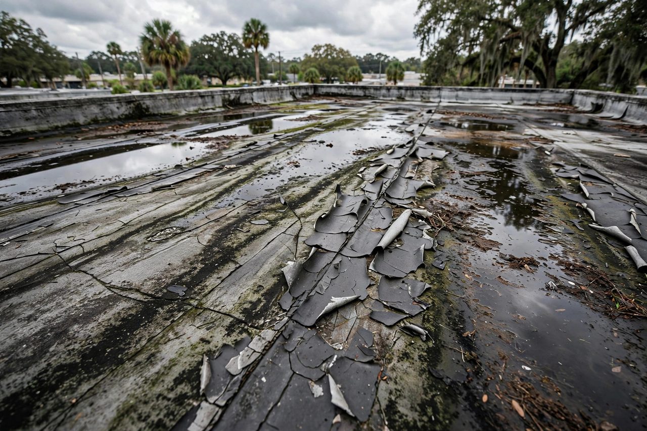 Illustrative before image showing a damaged Orlando roof area, geotagged to Orlando FL