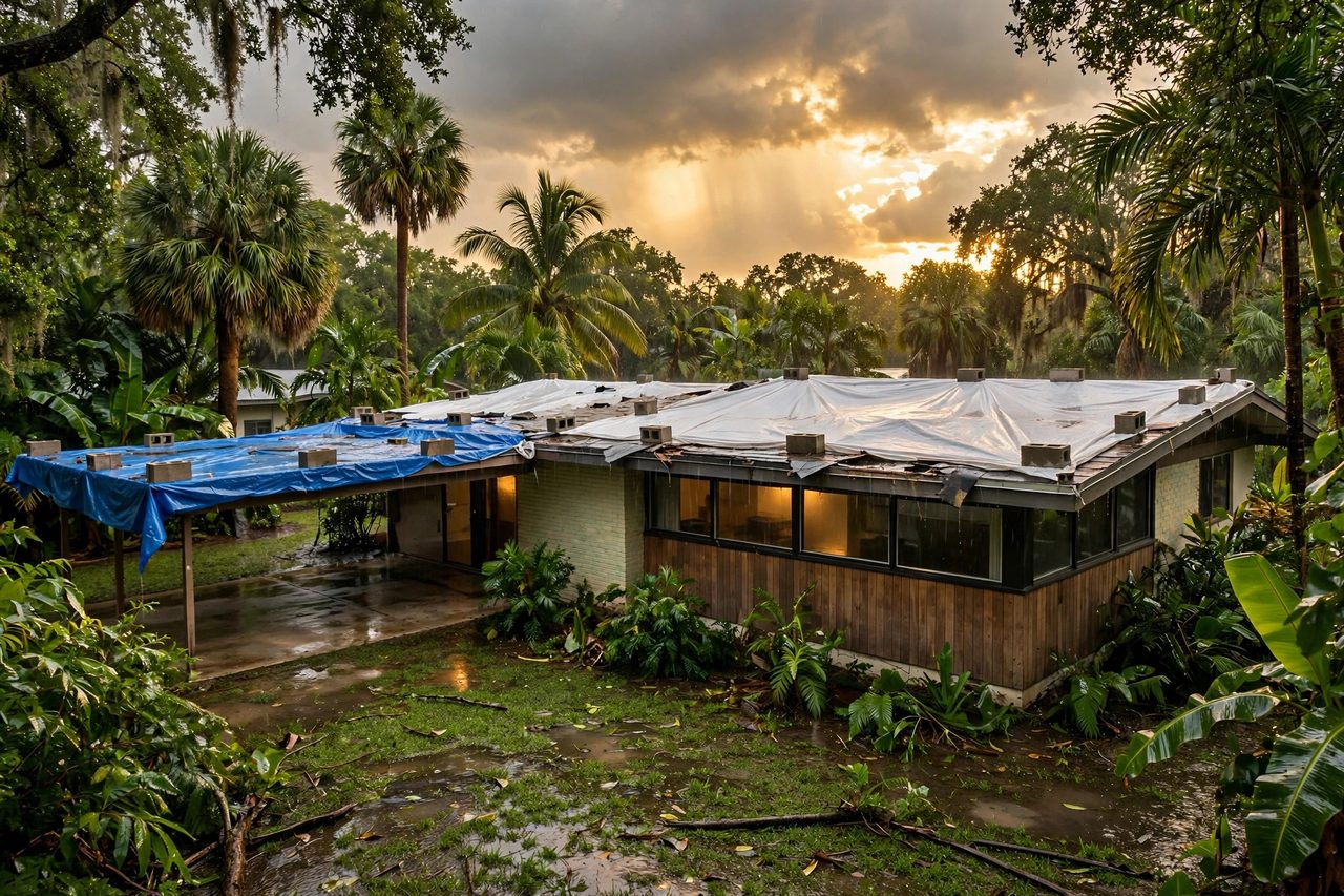 Emergency roof tarping protecting a storm-damaged roof in Orlando, Florida