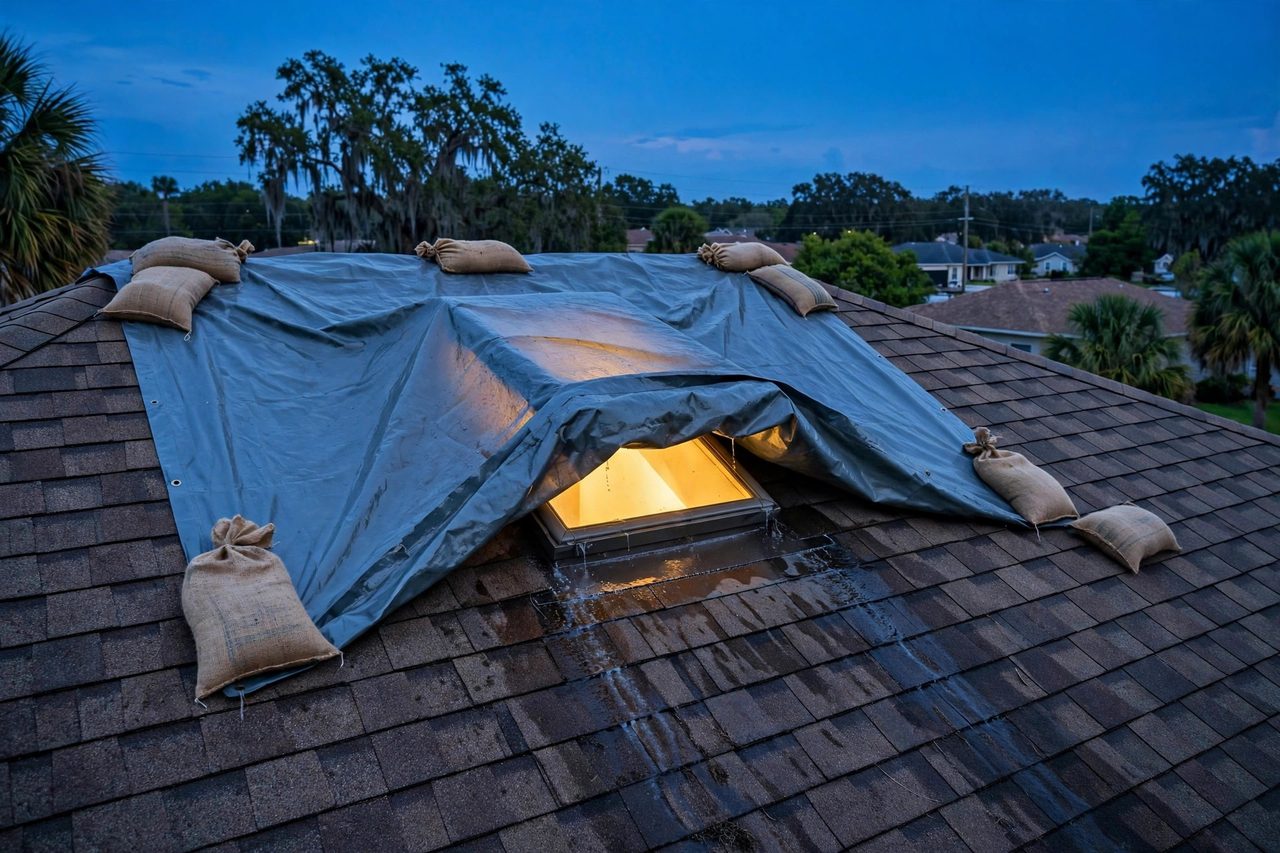 Emergency roof tarping protecting a storm-damaged roof in Orlando, Florida