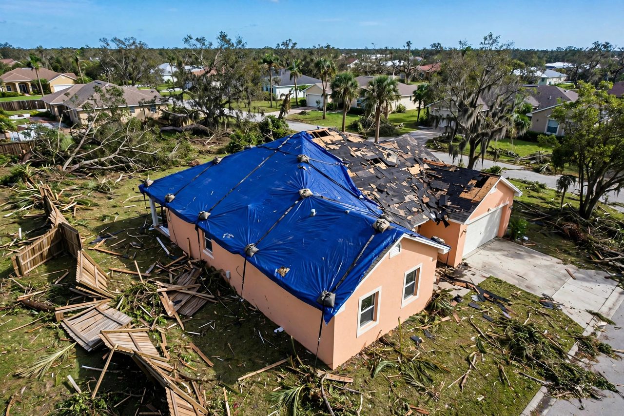 Emergency roof tarping protecting a storm-damaged roof in Orlando, Florida