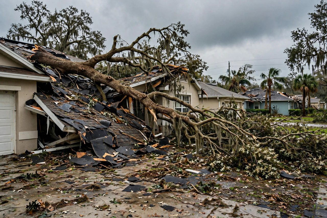 Illustrative before image showing a damaged Orlando roof area, geotagged to Orlando FL