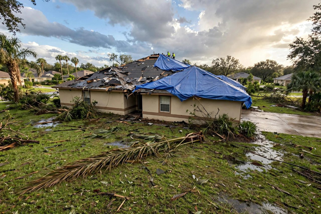 Emergency roof tarping protecting a storm-damaged roof in Orlando, Florida