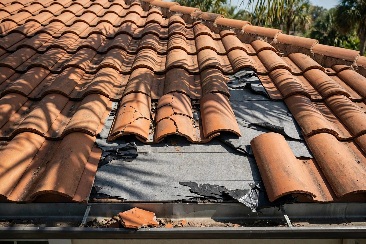 Illustrative before image showing a damaged Orlando roof area, geotagged to Orlando FL