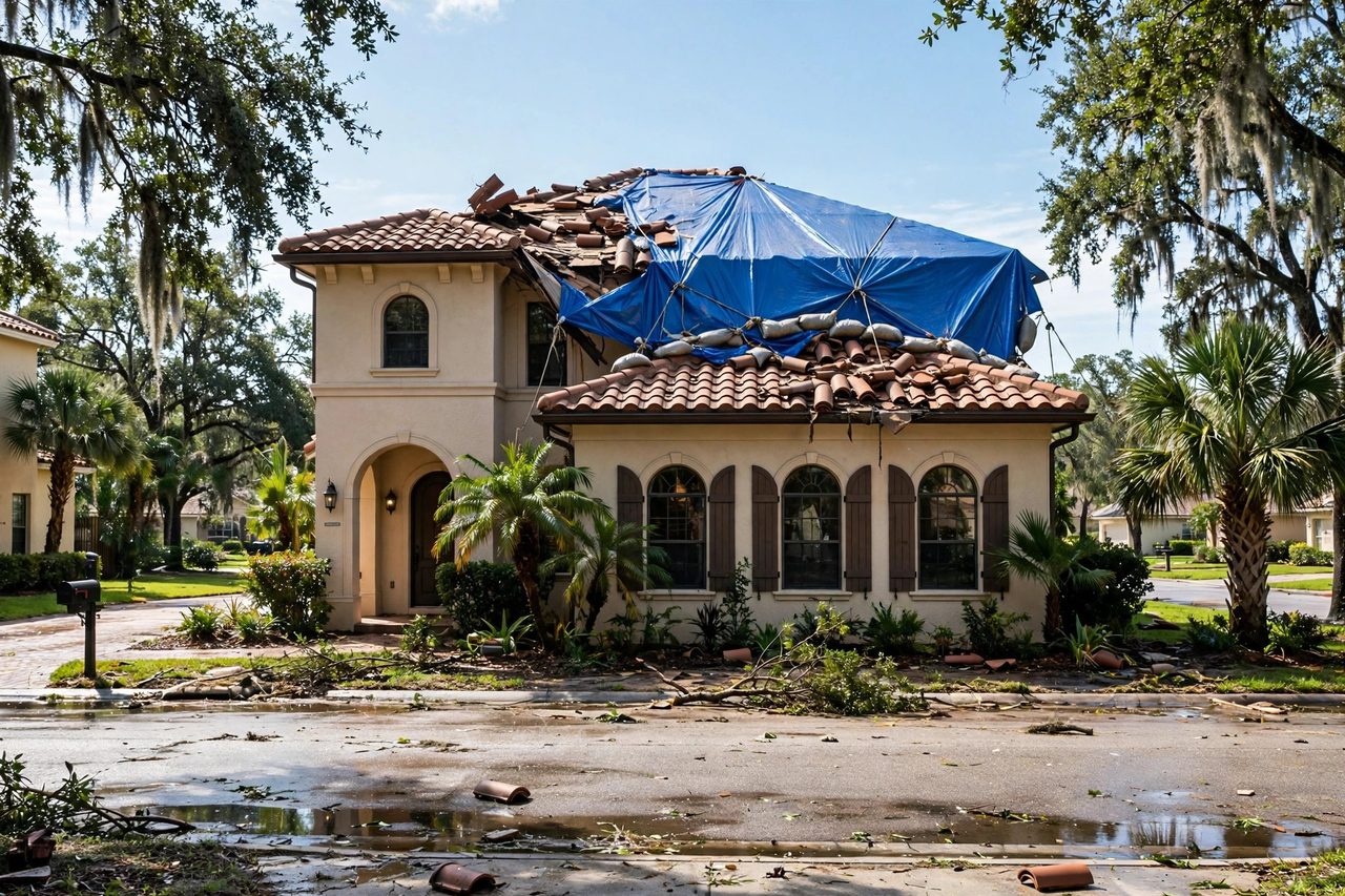 Emergency roof tarping protecting a storm-damaged roof in Orlando, Florida