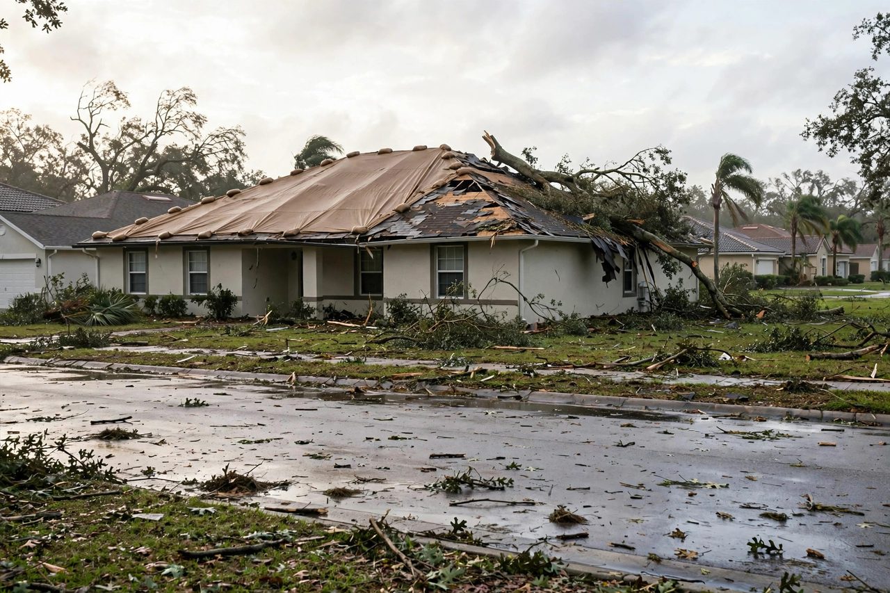 Emergency roof tarping protecting a storm-damaged roof in Orlando, Florida