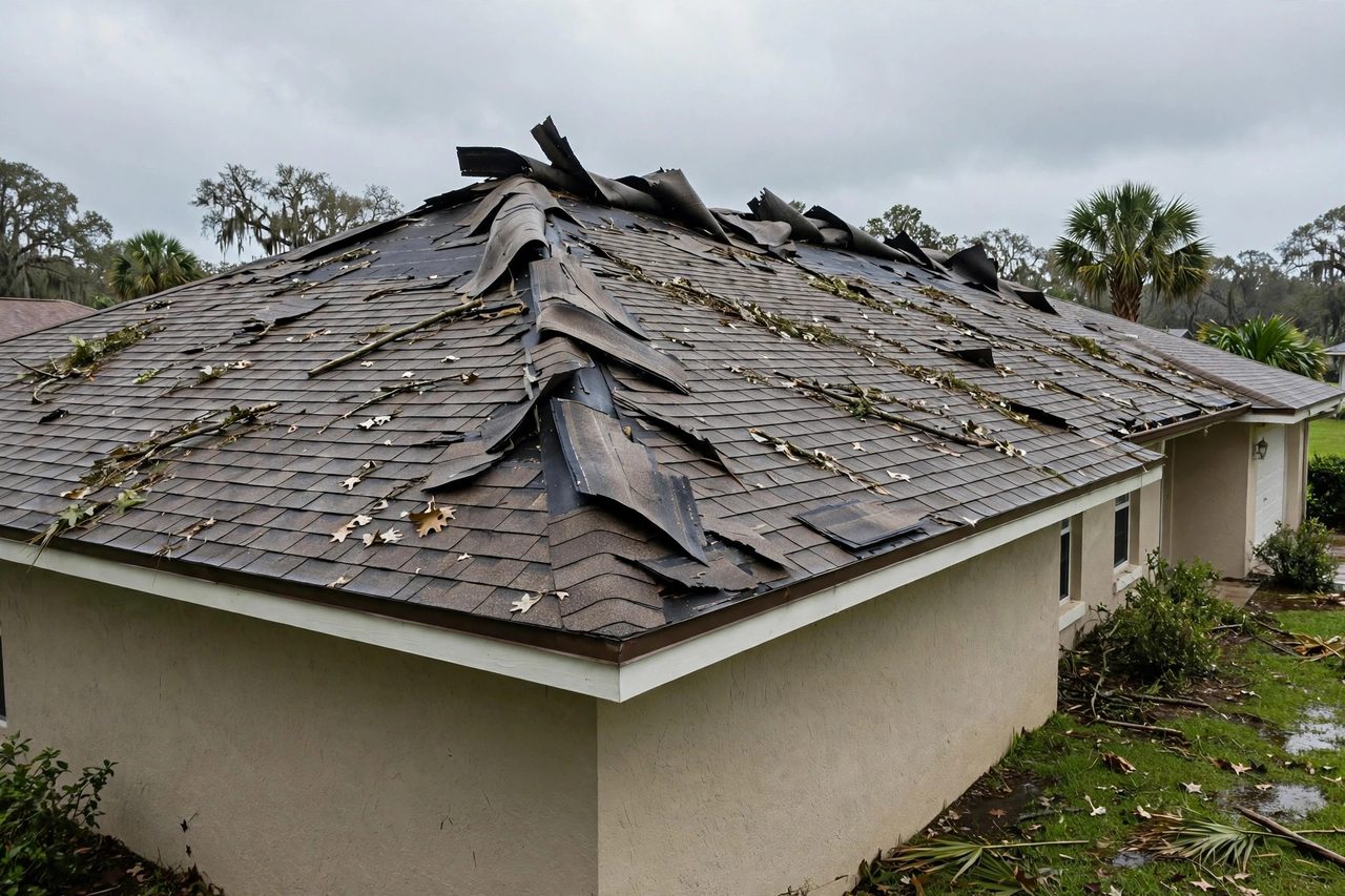 Illustrative before image showing a damaged Orlando roof area, geotagged to Orlando FL